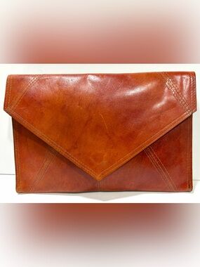 Luxury Brown Leather Clutch with Signature V-Stitch Detailing - NWT